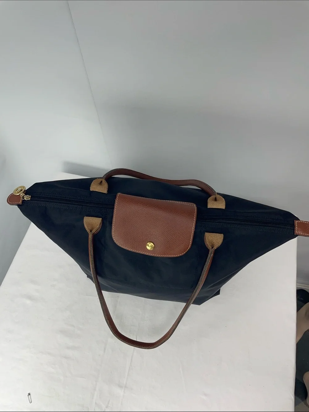 Longchamp Black Nylon Tote with Brown Leather Handles